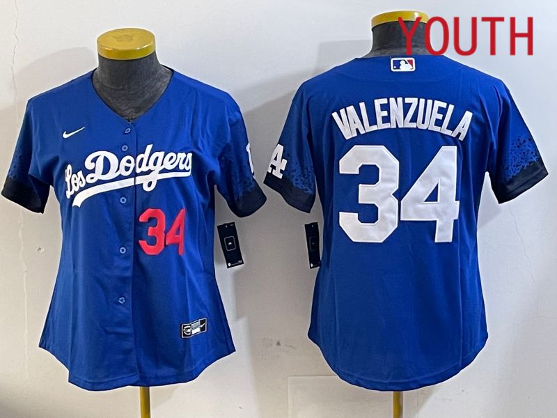 Youth Los Angeles Dodgers 34 Valenzuela 2024 blue jersey 2024112007